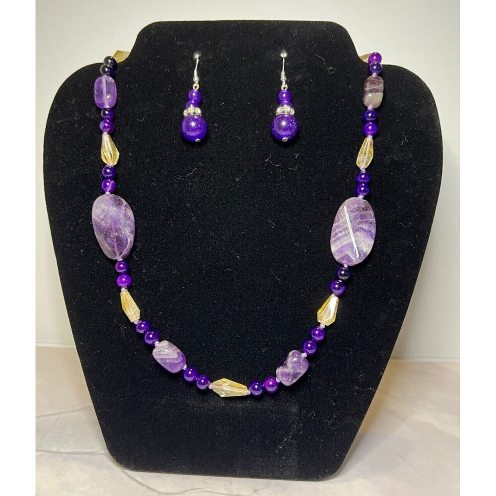 Aurora Borealis Amethyst & Rhinestone Bead, Necklace & Earring Set, (0143)